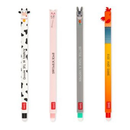 FARM SWEET FARM - SET OF 4 ERASABLE GEL PENS - COW + PIGGY + DONKEY + ROOSTER